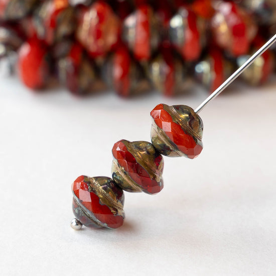 8x10mm Glass Saturn Beads - Red Bronze Picasso - 6 or 18 beads