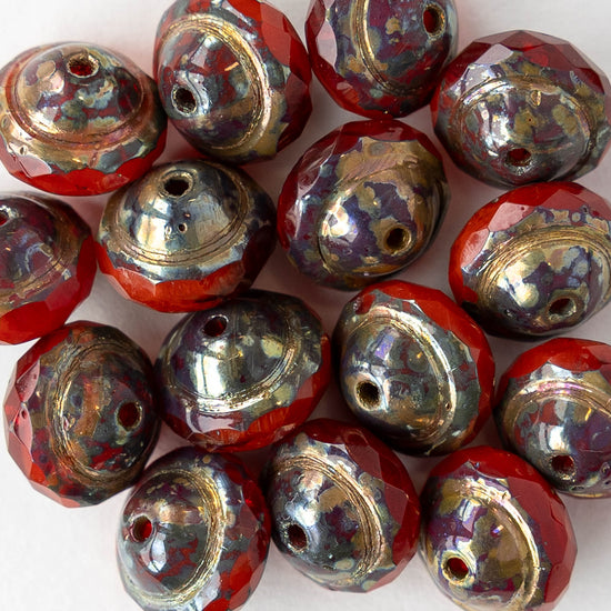 8x10mm Glass Saturn Beads - Red Bronze Picasso - 6 or 18 beads