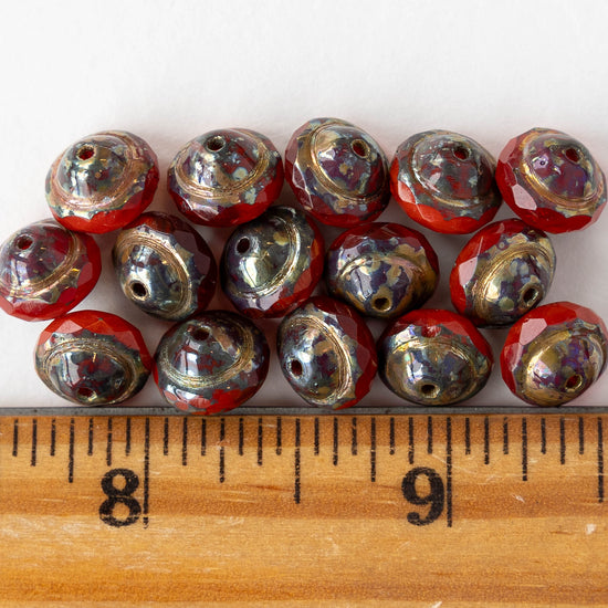 8x10mm Glass Saturn Beads - Red Bronze Picasso - 6 or 18 beads