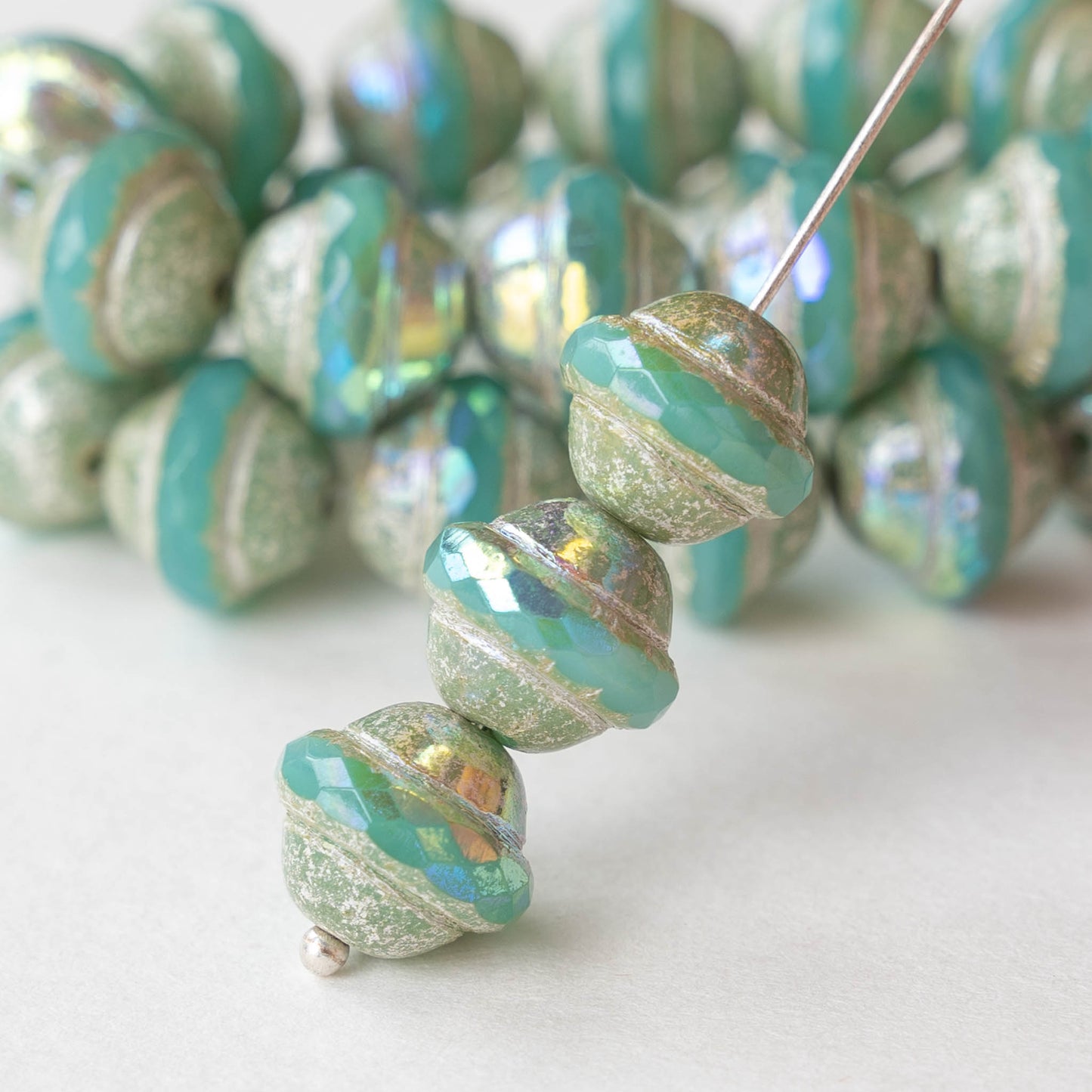 10x12mm Saturn Beads - Saturn Tea Green with Antique Silver and AB - 4 Beads
