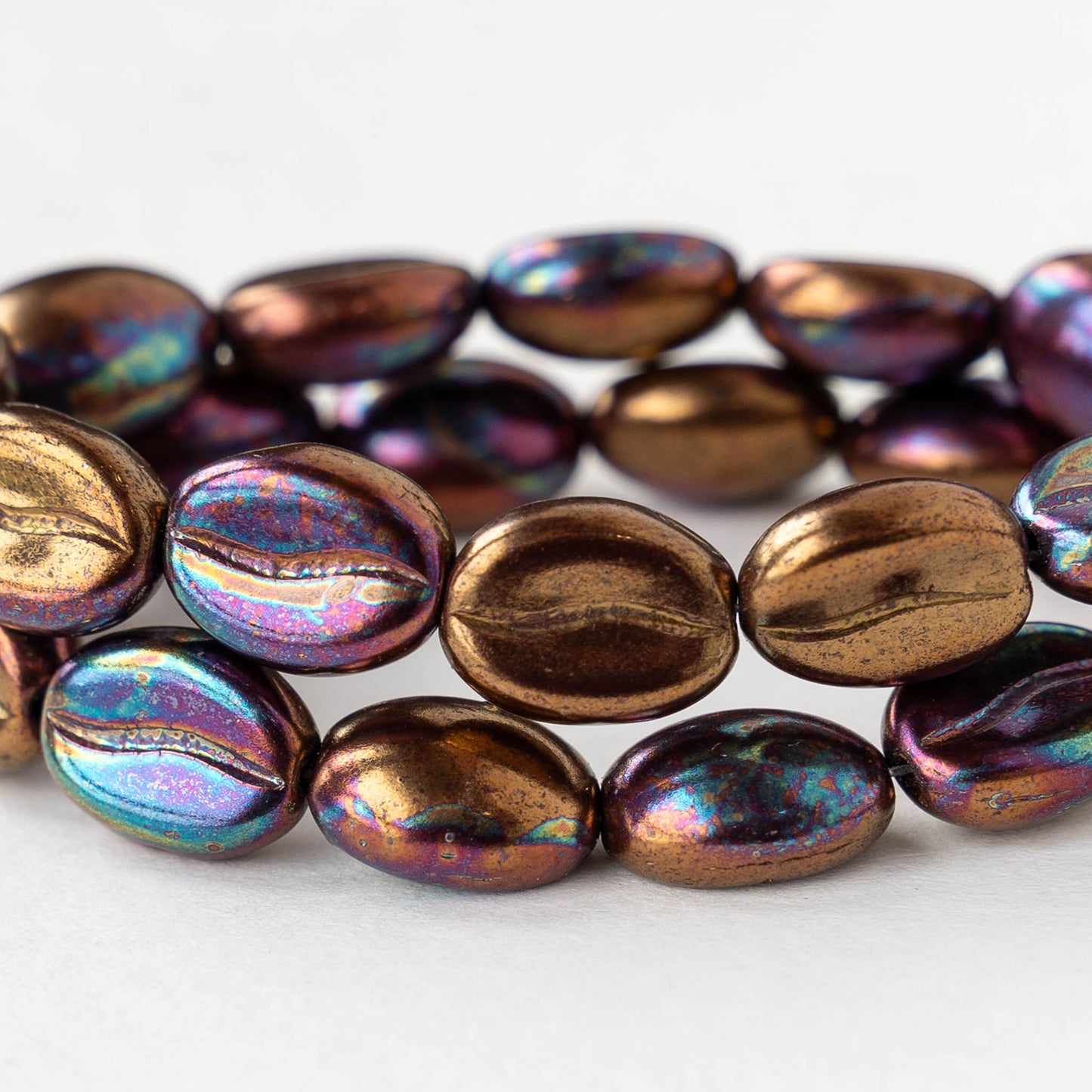 11mm Glass Coffee Bean Beads - Bronze Patina - 12 Beads