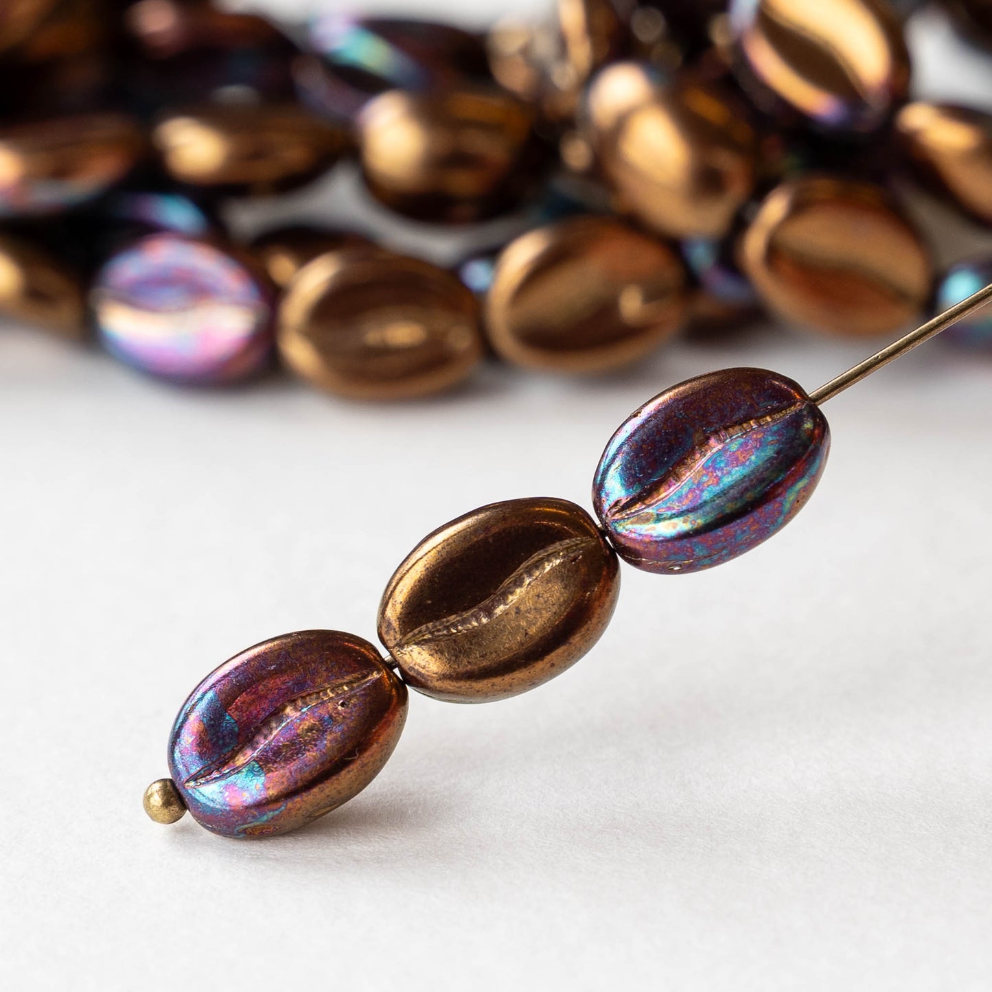 11mm Glass Coffee Bean Beads - Bronze Patina - 12 Beads