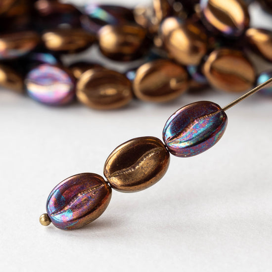 11mm Glass Coffee Bean Beads - Bronze Patina - 12 Beads