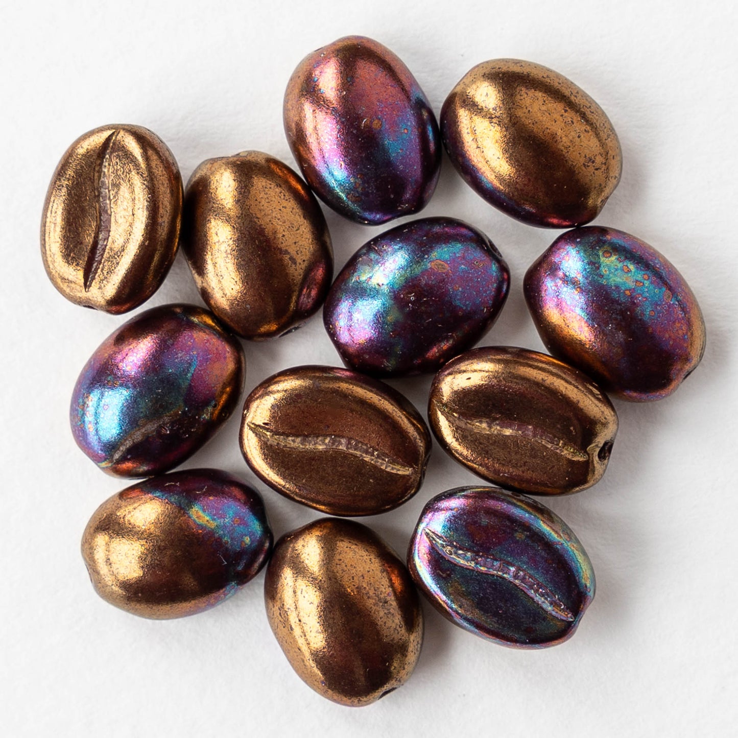 11mm Glass Coffee Bean Beads - Bronze Patina - 12 Beads