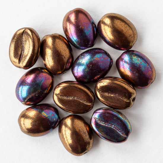 11mm Glass Coffee Bean Beads - Bronze Patina - 12 Beads