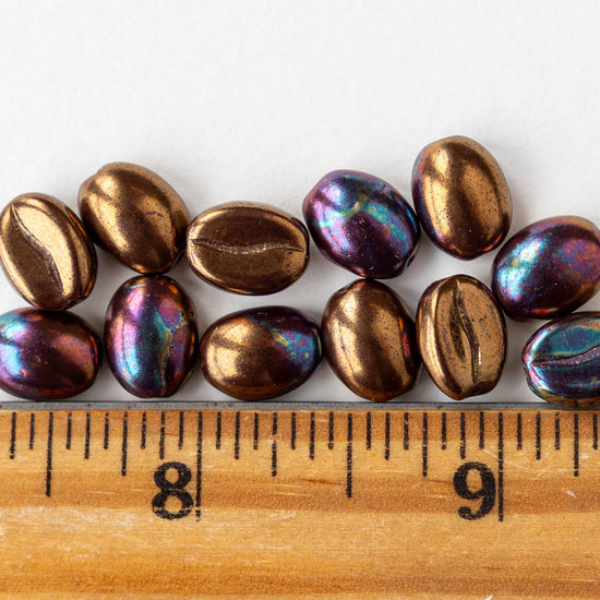 11mm Glass Coffee Bean Beads - Bronze Patina - 12 Beads