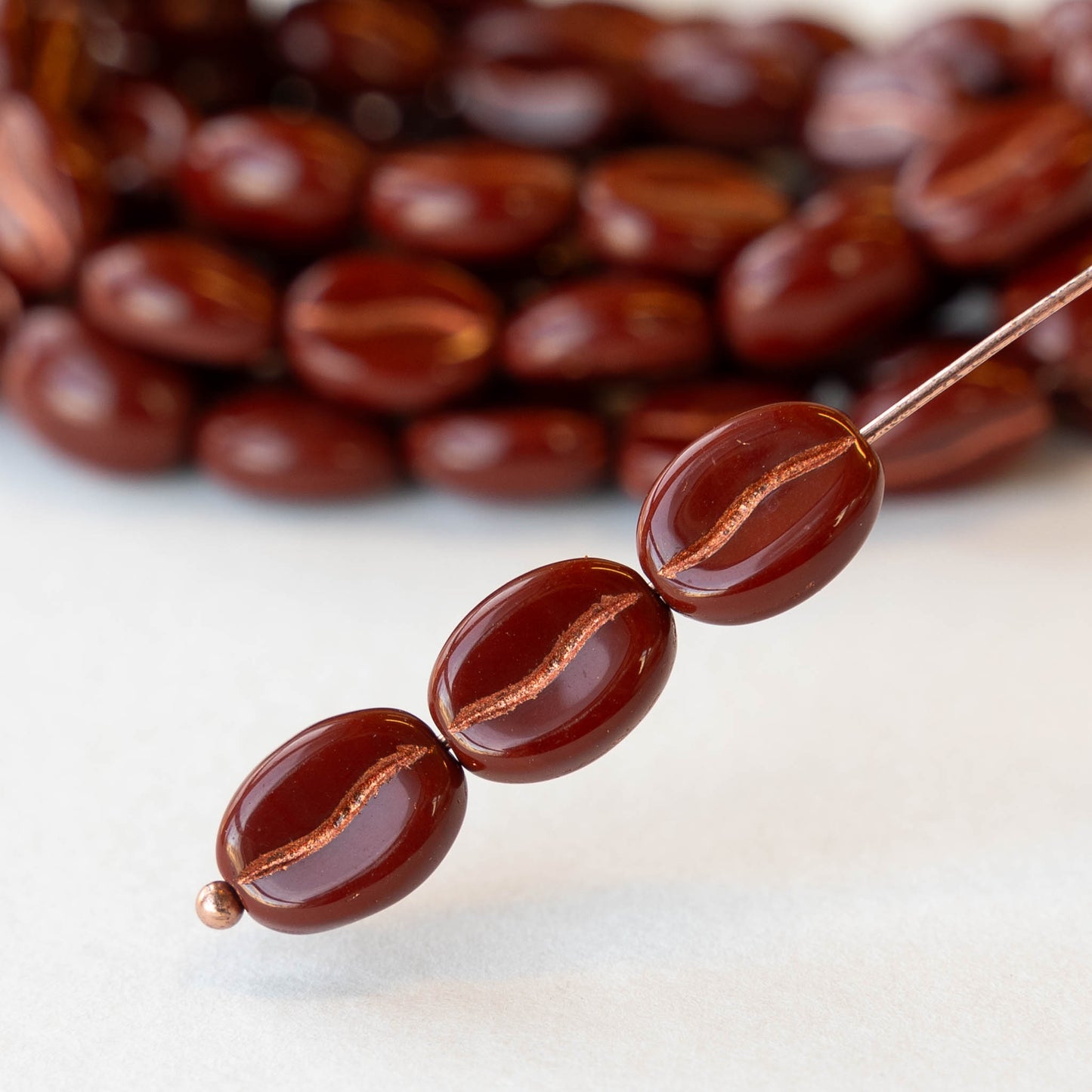 11mm Glass Coffee Bean Beads - Opaque Mahogany Red with Copper Wash - 15 Beads