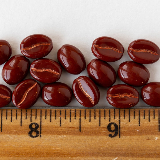 11mm Glass Coffee Bean Beads - Opaque Mahogany Red with Copper Wash - 15 Beads