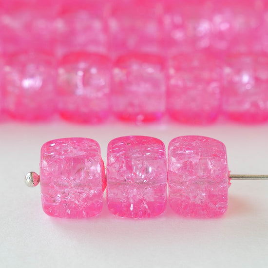 9x11mm Glass Cube Beads - Hot Pink Crackle - 10 Beads