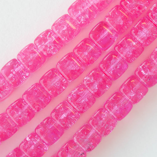 9x11mm Glass Cube Beads - Hot Pink Crackle - 10 Beads