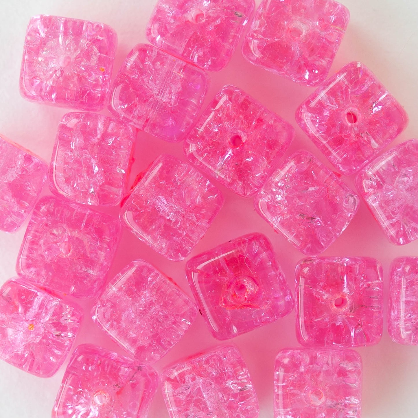 9x11mm Glass Cube Beads - Hot Pink Crackle - 10 Beads