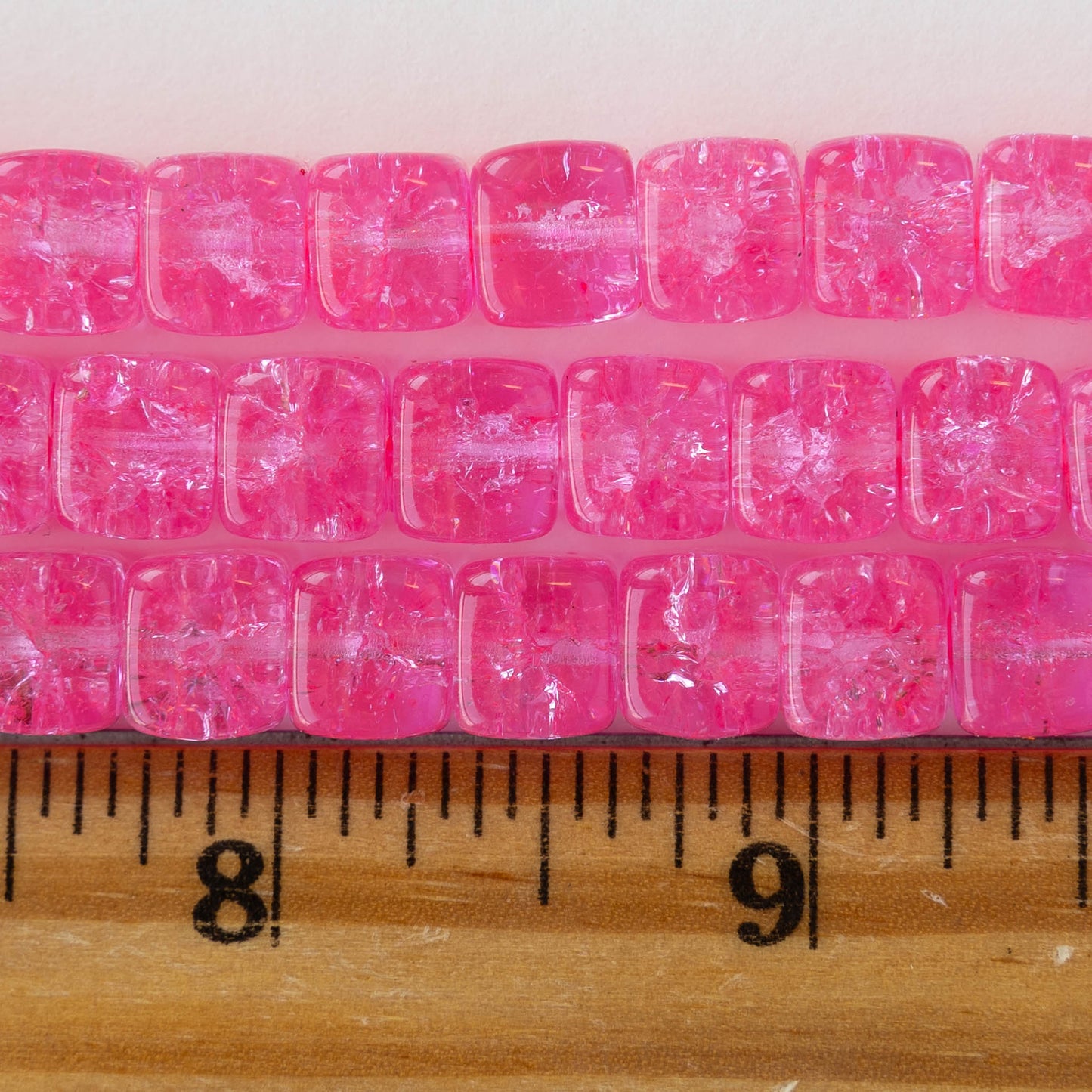 9x11mm Glass Cube Beads - Hot Pink Crackle - 10 Beads