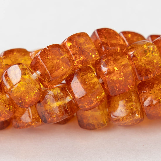 9x11mm Glass Cube Beads - Orange Crackle - 30 Beads