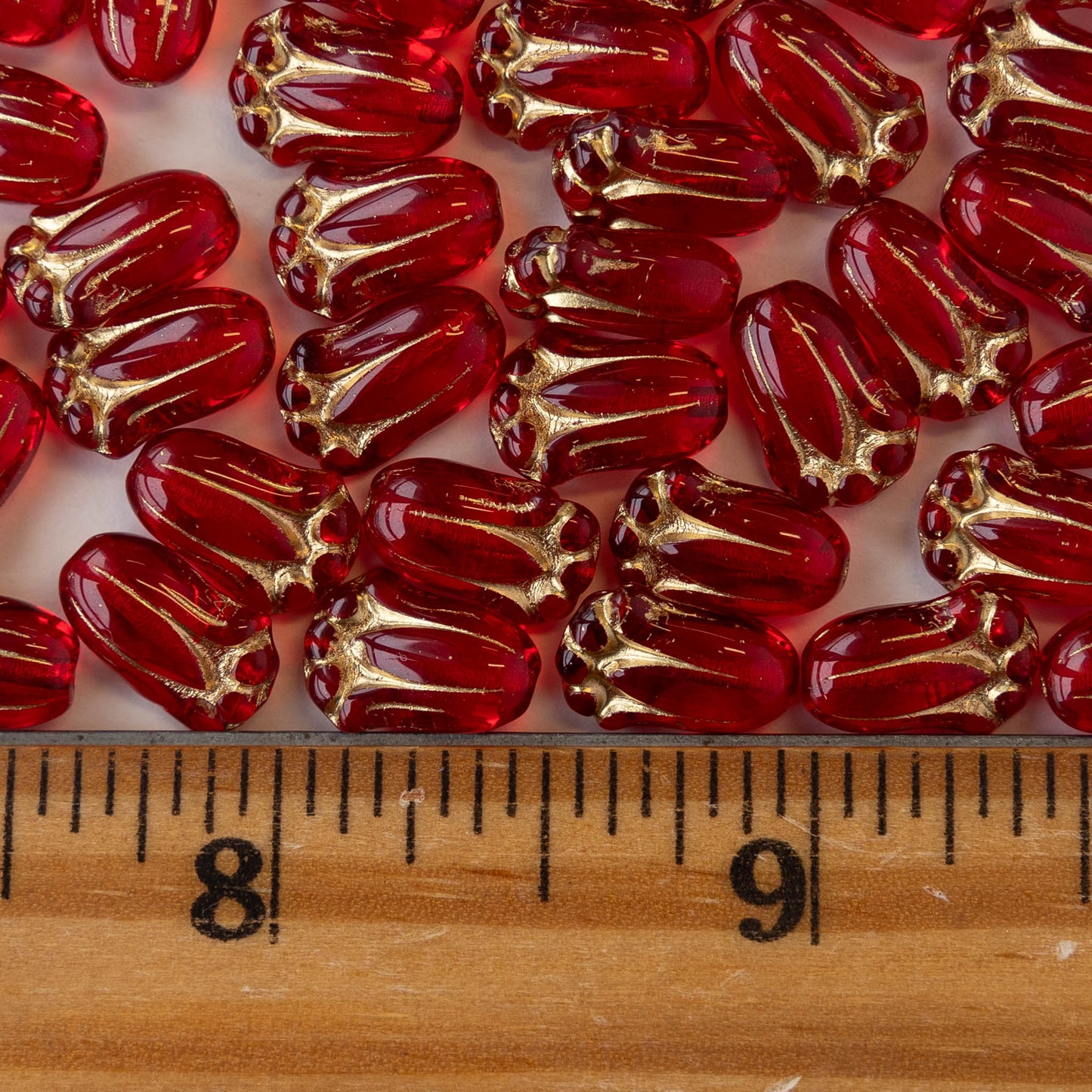 Tulip Flower Beads - Red with Gold Wash - 20 beads