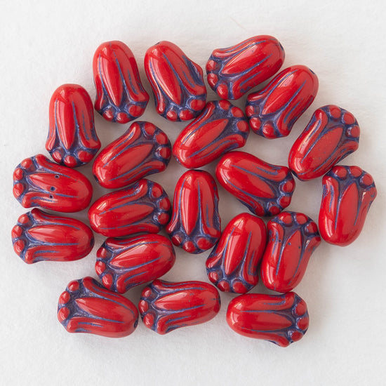 Load image into Gallery viewer, 12mm Tulip Flower - Opaque Red with Blue - 20 beads
