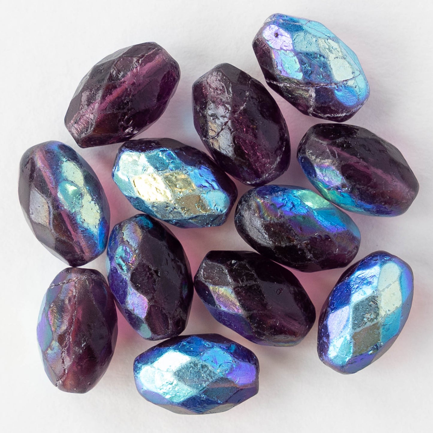8x12mm Firepolished Glass Oval Beads - Amethyst AB - 6 or 12 Beads