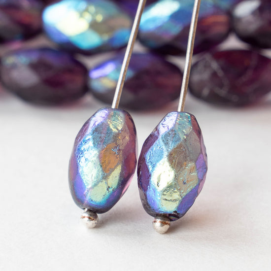 8x12mm Firepolished Glass Oval Beads - Amethyst AB - 6 or 12 Beads