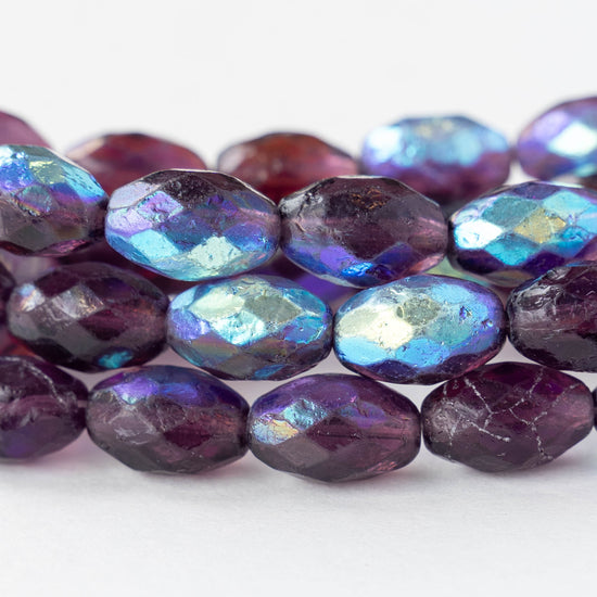 8x12mm Firepolished Glass Oval Beads - Amethyst AB - 6 or 12 Beads