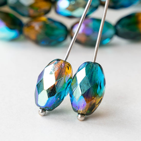 8x12mm Firepolished Glass Oval Beads - Blue Amber AB - 6 or 12 Beads