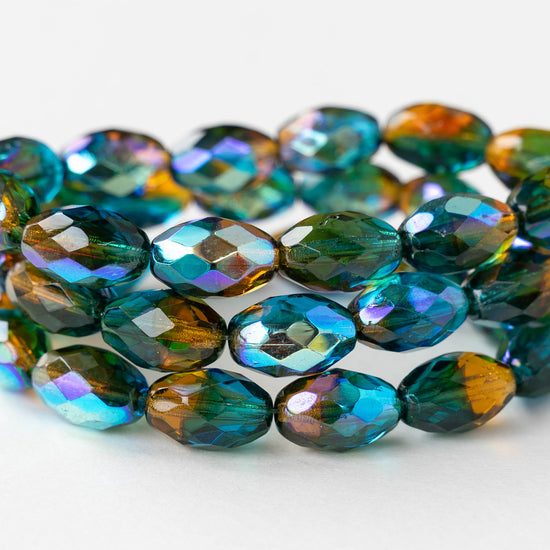 8x12mm Firepolished Glass Oval Beads - Blue Amber AB - 6 or 12 Beads