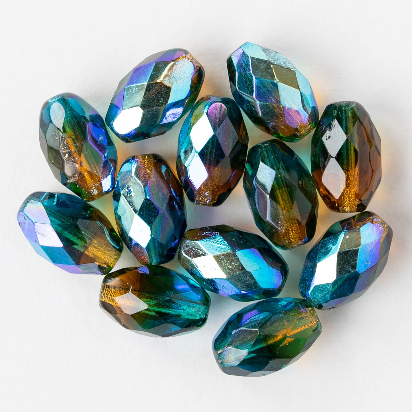 8x12mm Firepolished Glass Oval Beads - Blue Amber AB - 6 or 12 Beads