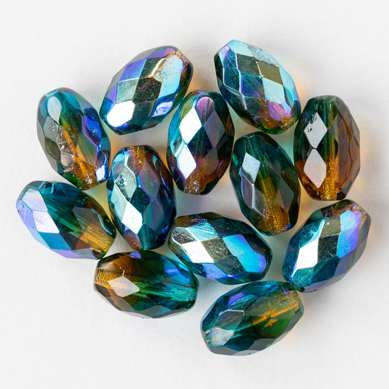 8x12mm Firepolished Glass Oval Beads - Blue Amber AB - 6 or 12 Beads