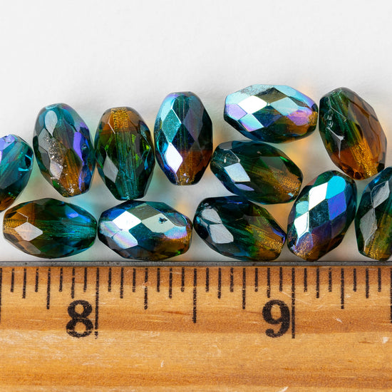 8x12mm Firepolished Glass Oval Beads - Blue Amber AB - 6 or 12 Beads