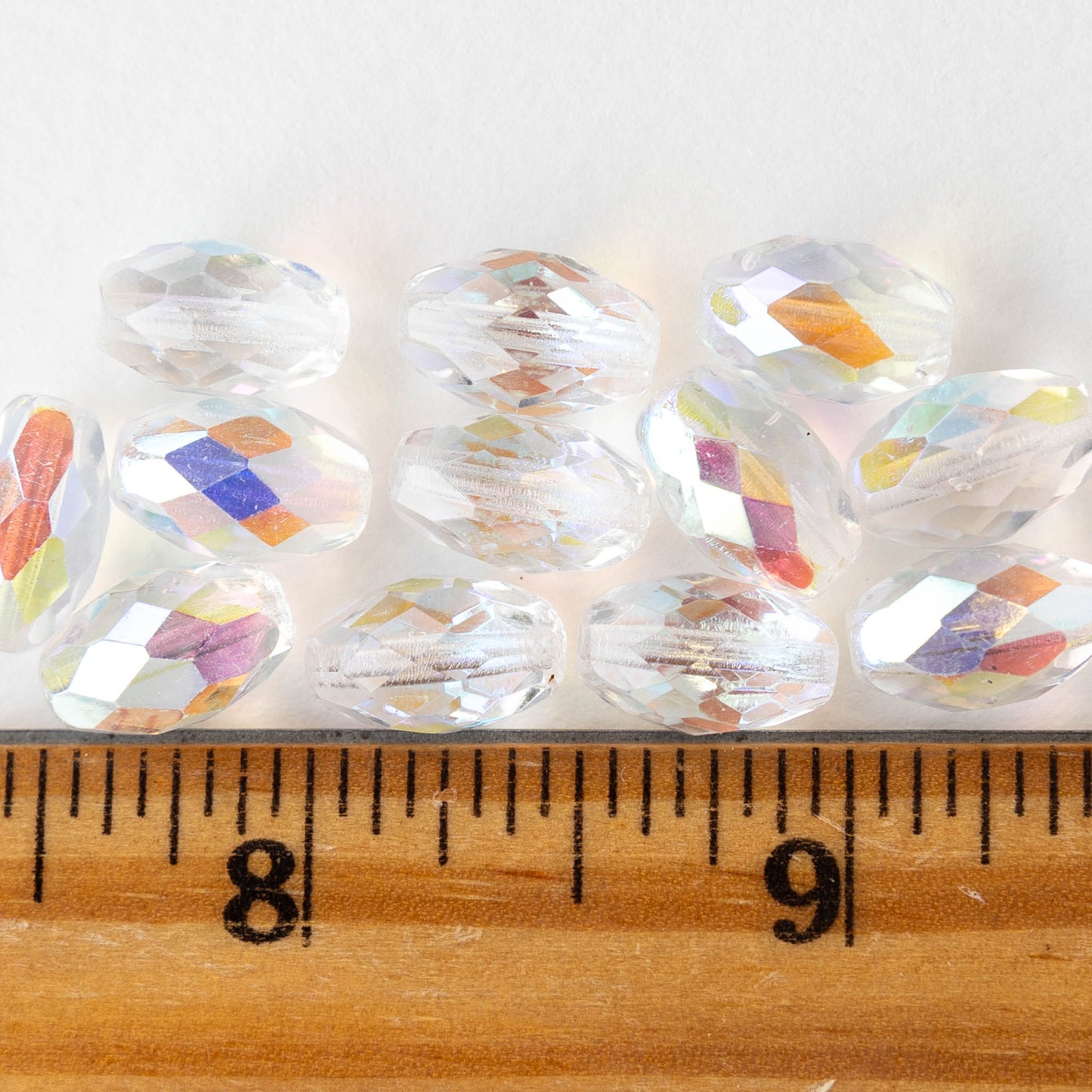 12mm Firepolished Glass Oval Beads - Crystal AB - 10 beads