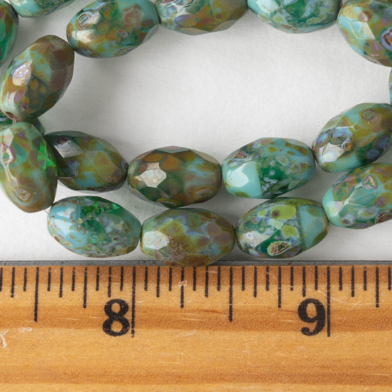 8x12mm Firepolished Glass Oval Beads - Turquoise Green Picasso - 12 beads