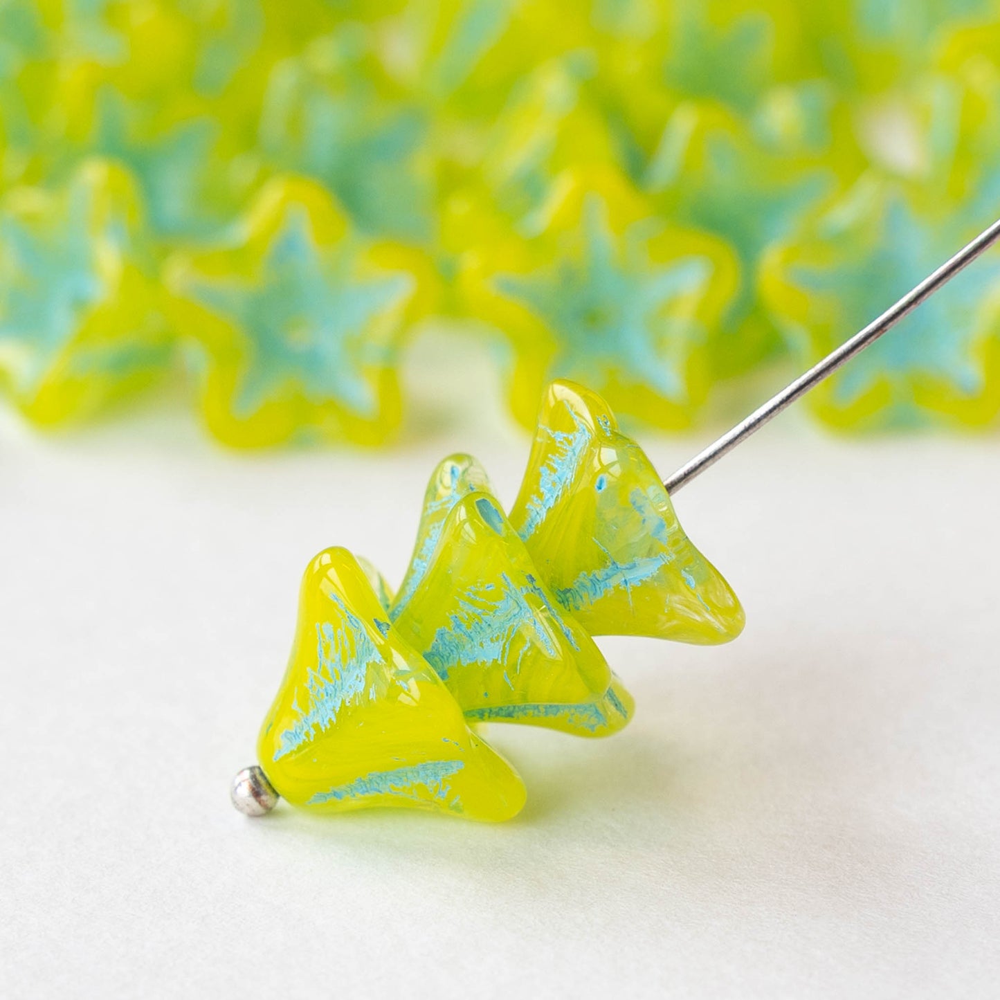 8x13mm Glass Flower Beads - Light Green with Aqua Wash - 12 Beads