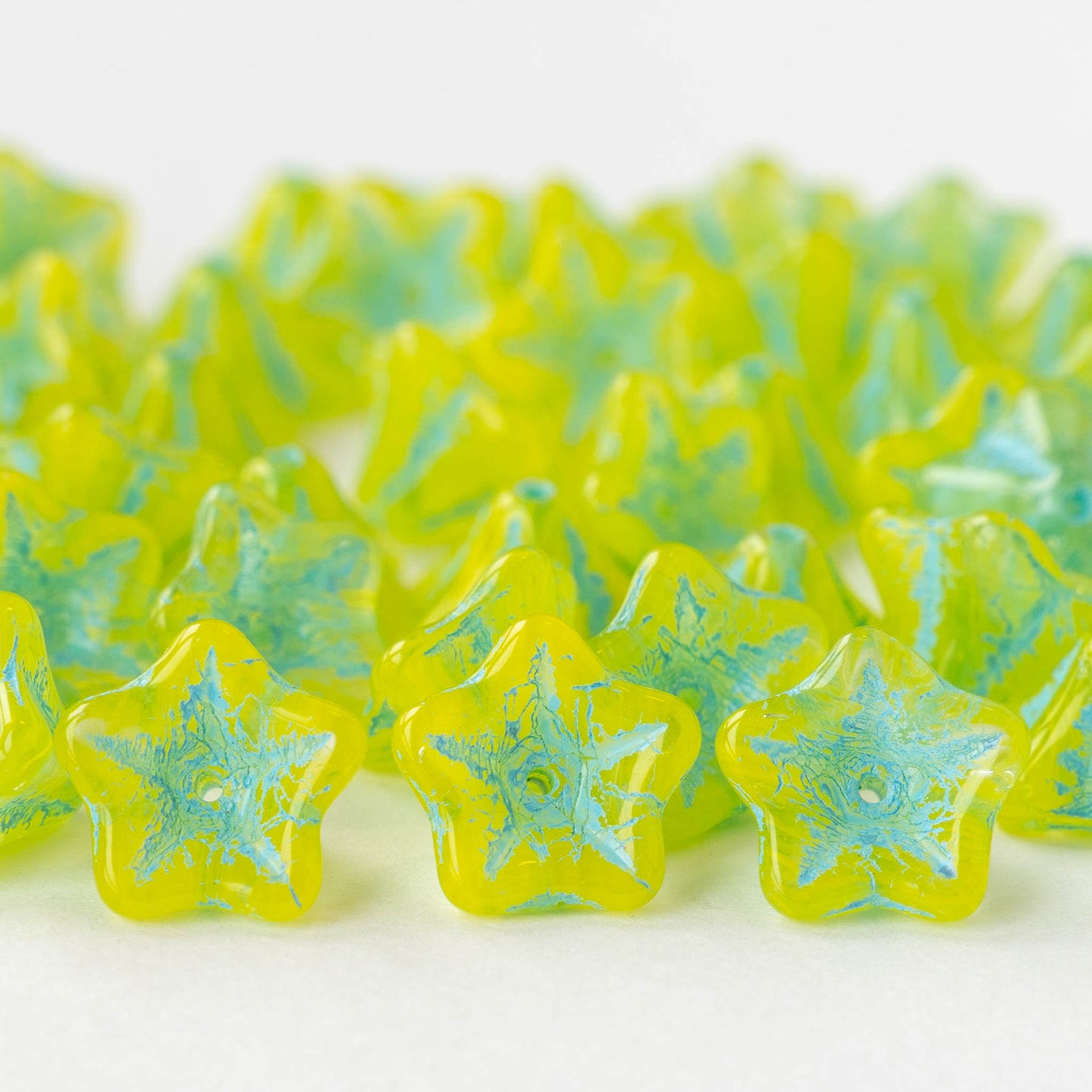 8x13mm Glass Flower Beads - Light Green with Aqua Wash - 12 Beads