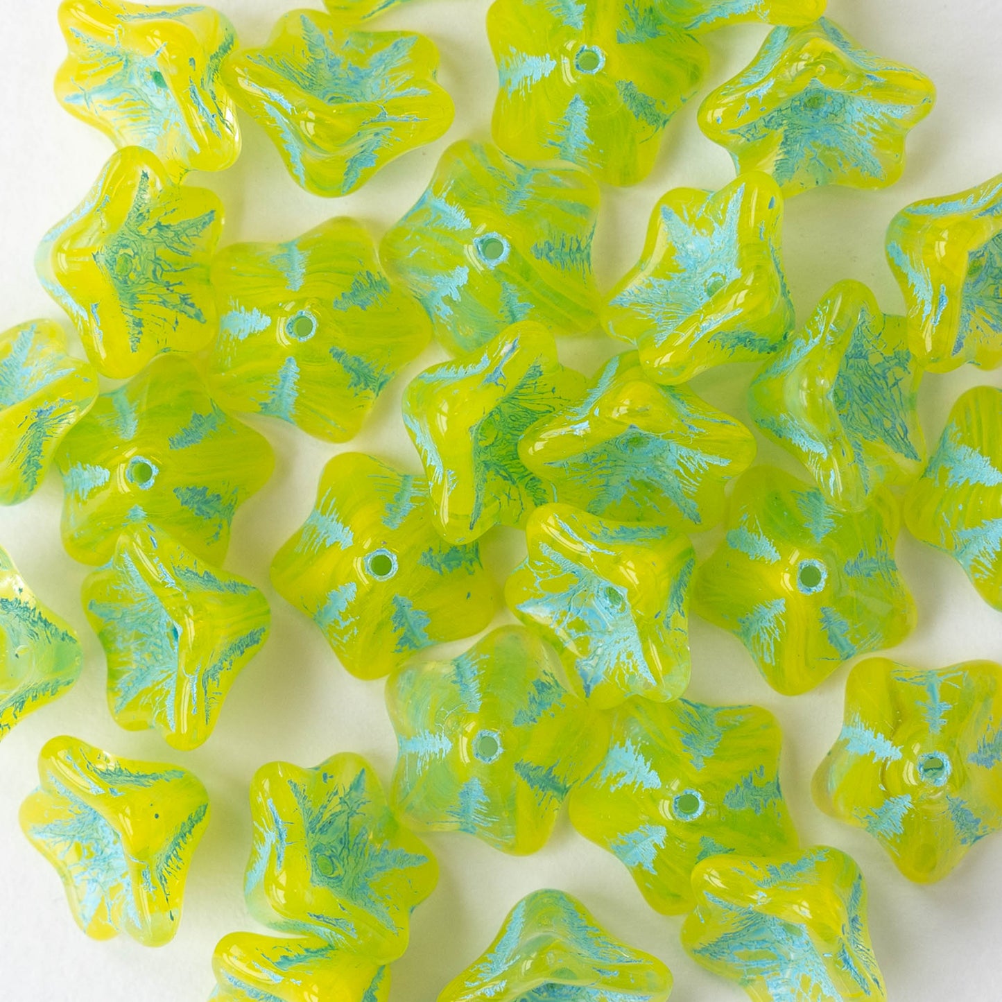 8x13mm Glass Flower Beads - Light Green with Aqua Wash - 12 Beads