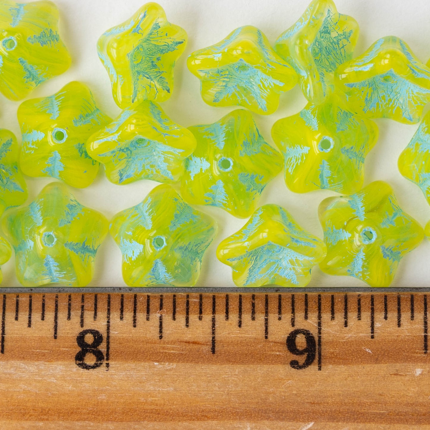 8x13mm Glass Flower Beads - Light Green with Aqua Wash - 12 Beads