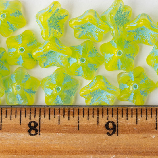 8x13mm Glass Flower Beads - Light Green with Aqua Wash - 12 Beads