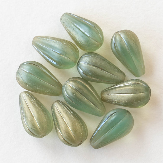 8x13mm Melon Drop - Matte Aqua with Gold Wash - 10 Beads
