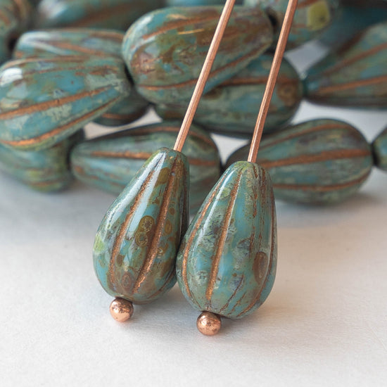 8x13mm Melon Drop - Turquoise Picasso with Bronze - 10 Beads