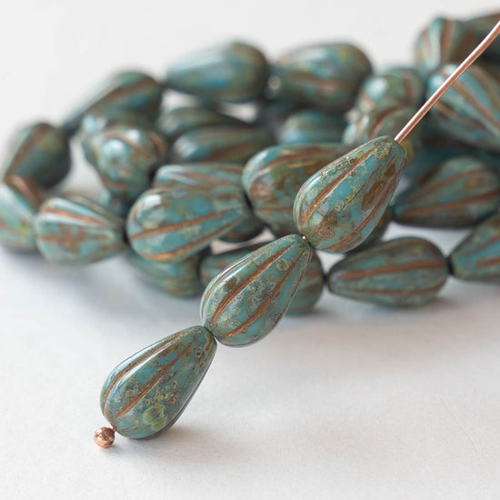 8x13mm Melon Drop - Turquoise Picasso with Bronze - 10 Beads