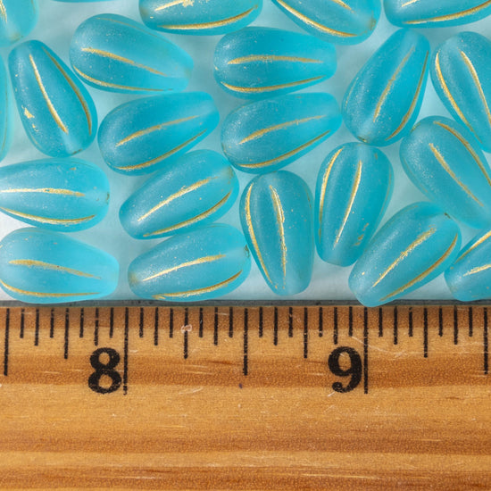 Load image into Gallery viewer, 8x13mm Melon Drop - Light Aqua Matte With Gold Wash - 10 Beads
