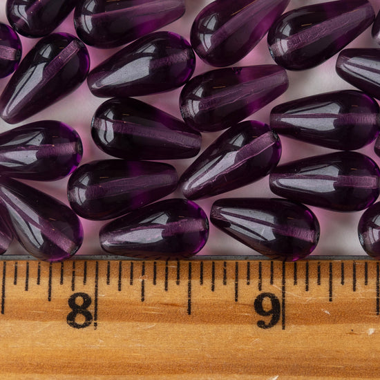 11x18mm Glass Teardrop Beads - Dark Amethyst - 20 Beads