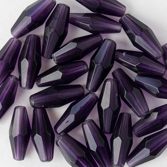 8x16mm Hand Cut Glass Long Bi-Cone Beads - Transparent Amethyst - 24 Beads