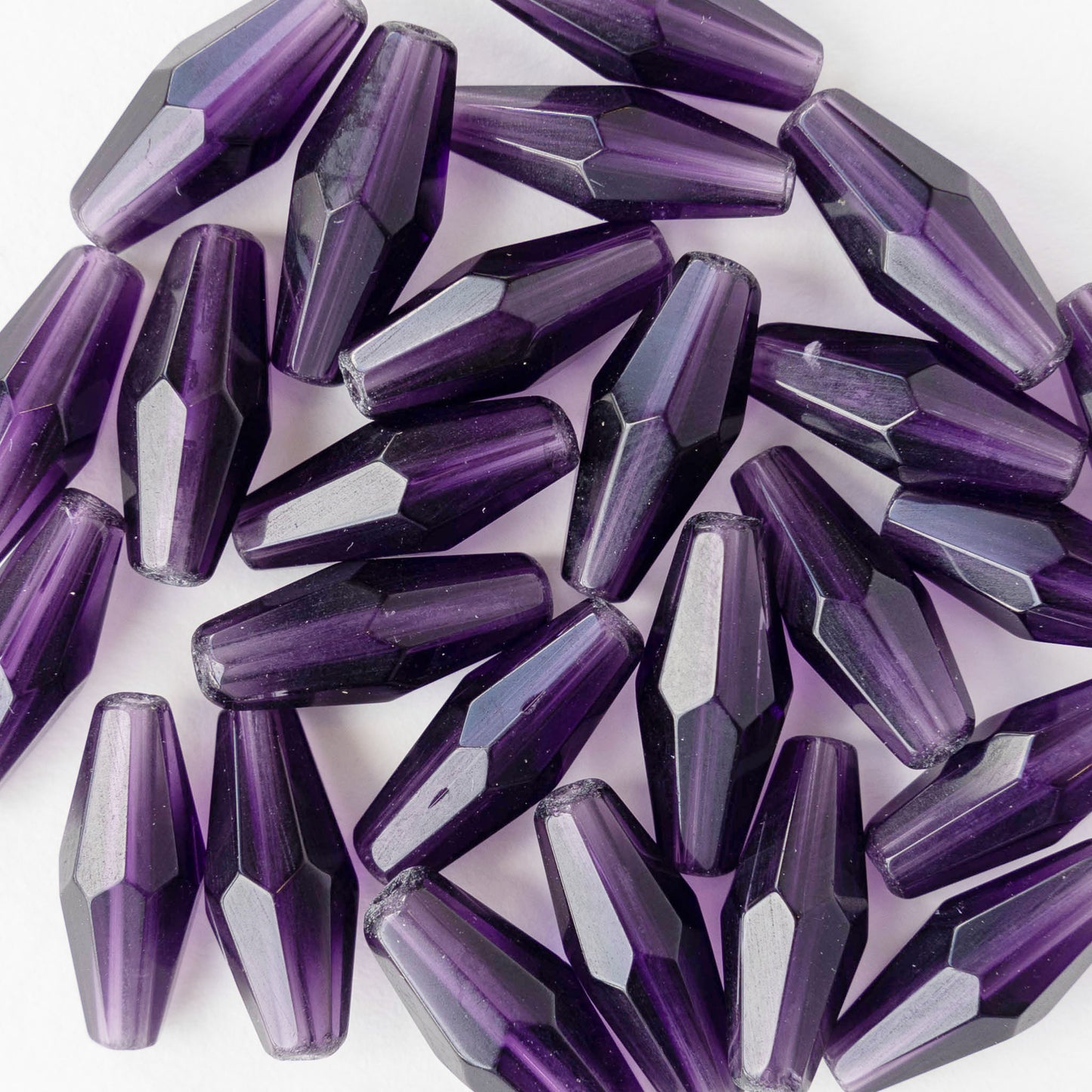 8x16mm Hand Cut Glass Long Bi-Cone Beads - Transparent Amethyst - 24 Beads