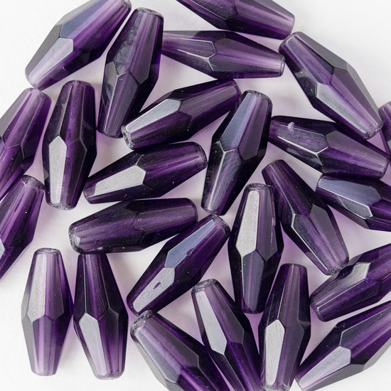 8x16mm Hand Cut Glass Long Bi-Cone Beads - Transparent Amethyst - 24 Beads