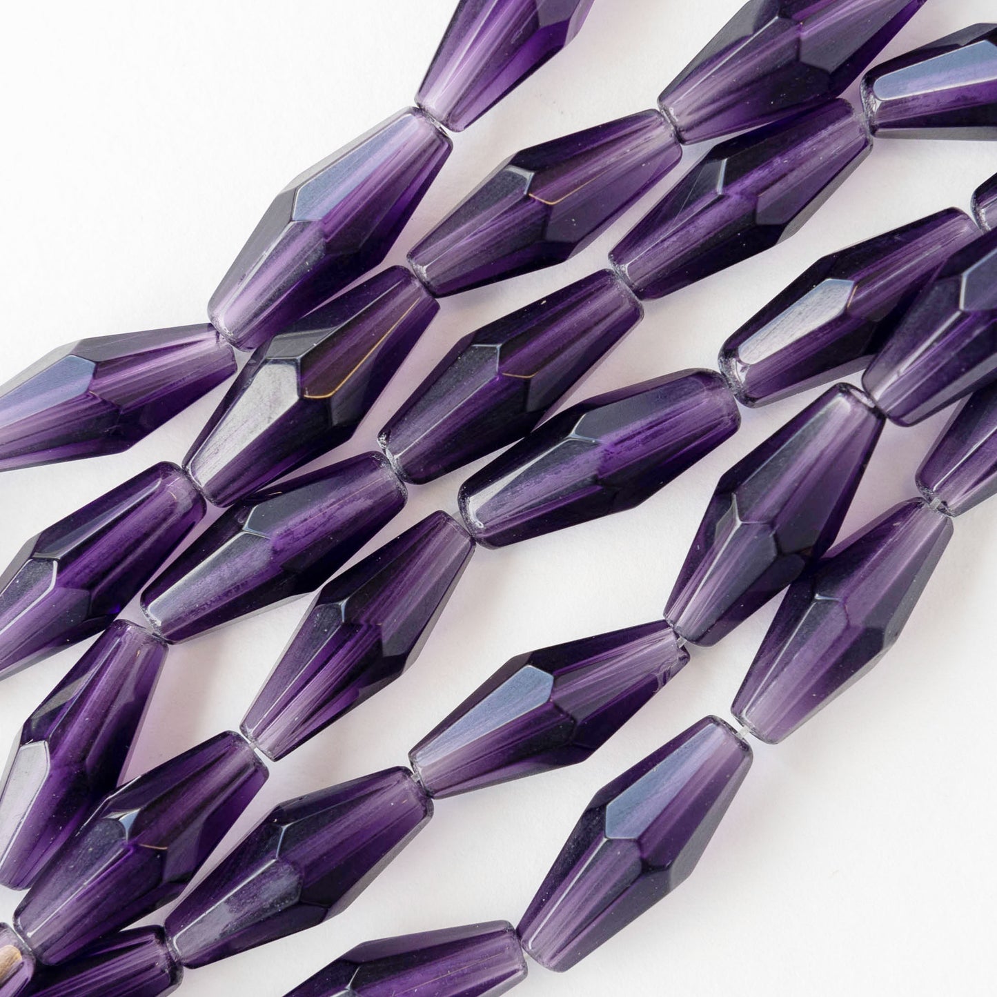 8x16mm Hand Cut Glass Long Bi-Cone Beads - Transparent Amethyst - 24 Beads
