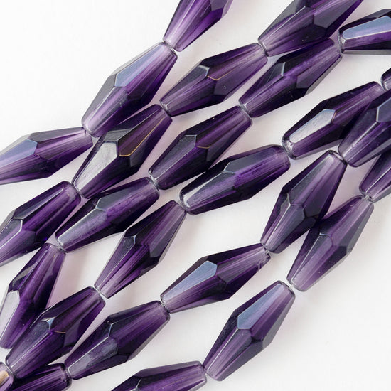 8x16mm Hand Cut Glass Long Bi-Cone Beads - Transparent Amethyst - 24 Beads