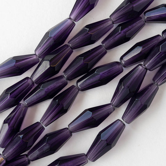 8x16mm Hand Cut Glass Long Bi-Cone Beads - Transparent Amethyst - 24 Beads