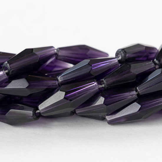 8x16mm Hand Cut Glass Long Bi-Cone Beads - Transparent Amethyst - 24 Beads