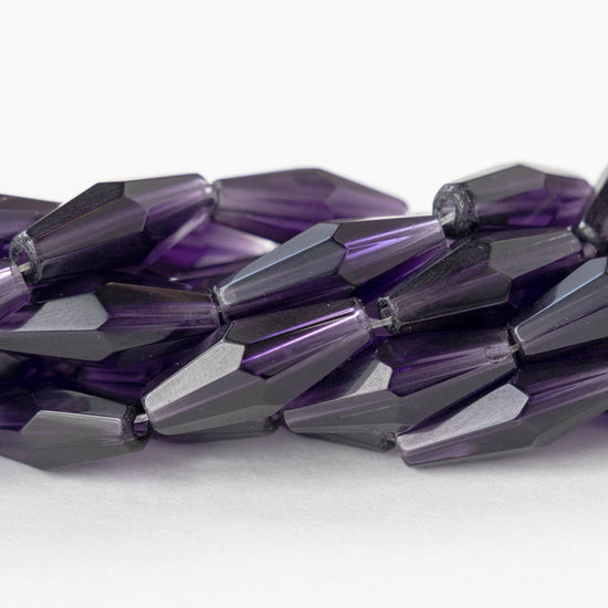 8x16mm Hand Cut Glass Long Bi-Cone Beads - Transparent Amethyst - 24 Beads