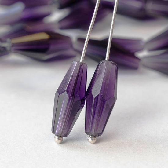 8x16mm Hand Cut Glass Long Bi-Cone Beads - Transparent Amethyst - 24 Beads