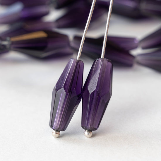 8x16mm Hand Cut Glass Long Bi-Cone Beads - Transparent Amethyst - 24 Beads