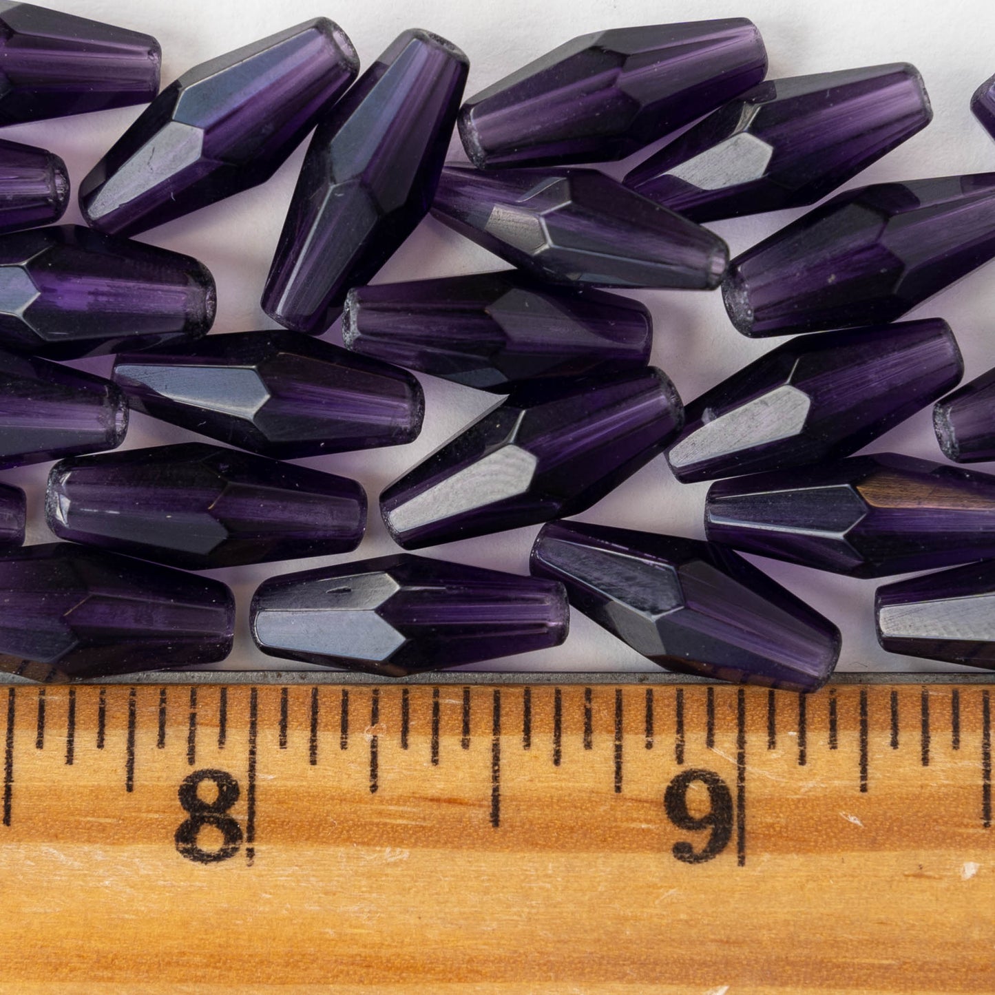 8x16mm Hand Cut Glass Long Bi-Cone Beads - Transparent Amethyst - 24 Beads